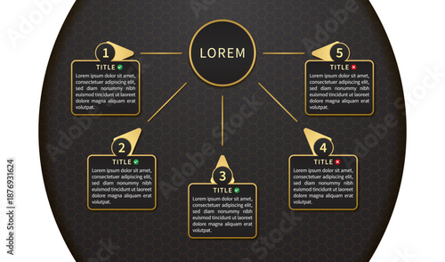 Infographic with five points in a golden frame and a target circle