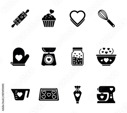 Baking heart motif icons set