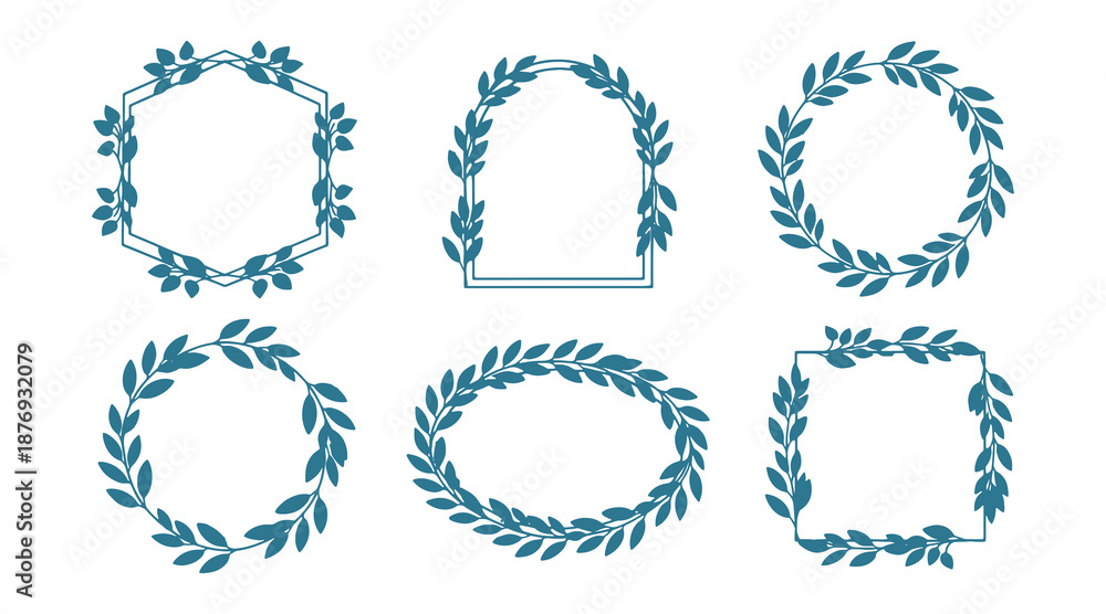 Obraz premium Floral Frames Collection, Teal Leafy Wreaths Borders, Wedding Design Elements