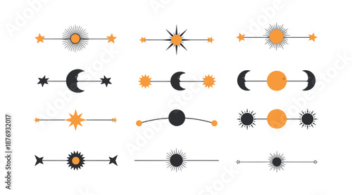 Celestial Sun and Moon Phase Divider Line Art Vector Illustration Set