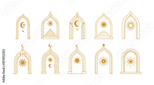 Mystical Celestial Archway Gold Line Art Vector Illustration Set