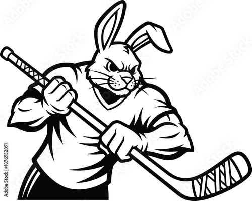 Rabbit hockey player with hockey stick bunny sports
