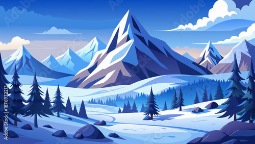 A serene winter landscape featuring majestic snow-capped mountains and evergreen trees