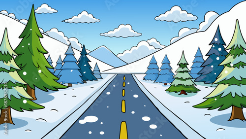 A picturesque cartoon winter road winds through snow-covered mountains and evergreen trees