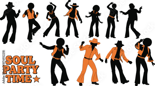 Silhouettes of people dancing in 1970s style clothing disco