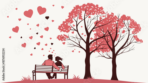 A couple's tender moment: sitting on a bench under vibrant trees with hearts floating