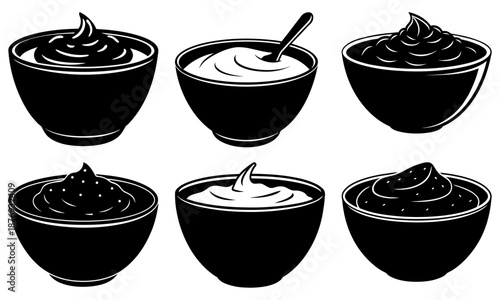 Six Bowls of Different Creamy Substances on White Background dessert food