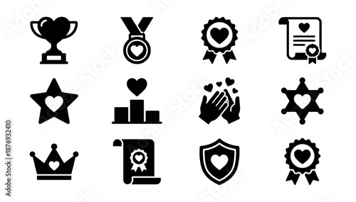 Achievement and love black silhouette icons set