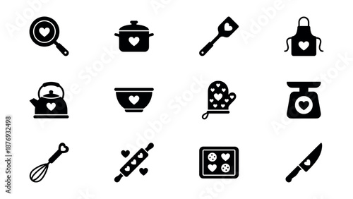 Kitchen utensils and appliances heart icons set
