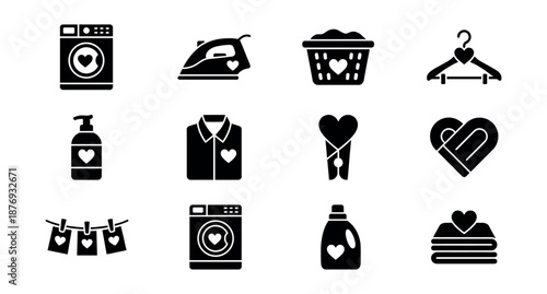Laundry-themed black and white heart icons set