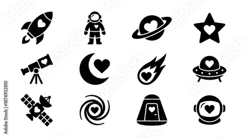 Space love black silhouette heart icons set