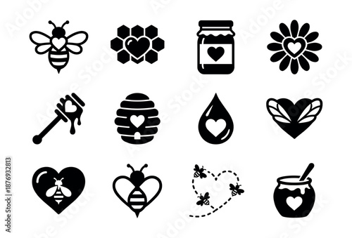 Bee and honey heart themed icon set