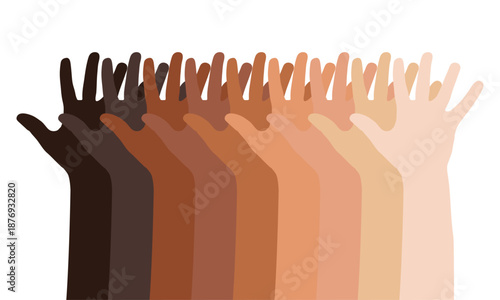 Human Diversity and Unity Illustration Spectrum of Skin Tone Hands Raised for ESG, DEI Presentations and Global Community Graphics
