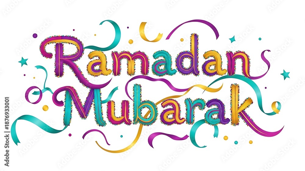 Fototapeta premium Vibrant Ramadan Mubarak celebration greeting with colorful ribbons and stars