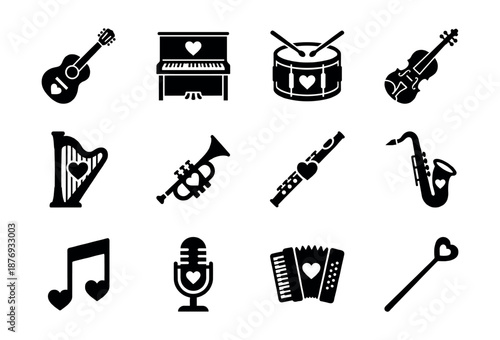 Romantic Music Instruments Black and White Icons Set