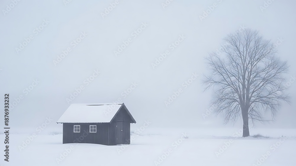 Fototapeta premium Minimalist winter landscape features a solitary dark wooden shed with snow-covered roof standing next to a large bare deciduous tree in dense atmospheric fog blanketing the snowy field.
