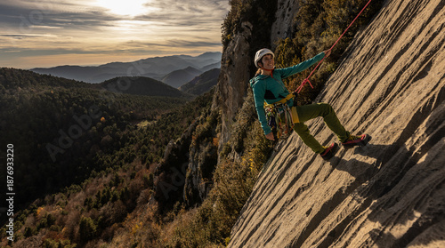 A woman is climbing a rock wall with a rope