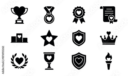 Achievement and Awards Heart Icons Set