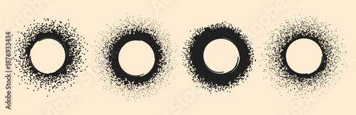 Abstract grunge frames. Hand drawn charcoal round borders, black chalk pencil frames flat vector illustration set. Spray texture borders