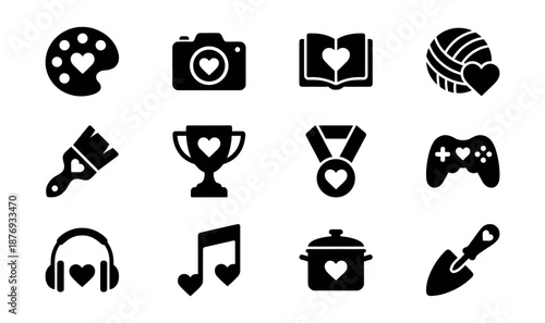 Hobby heart silhouette icons set