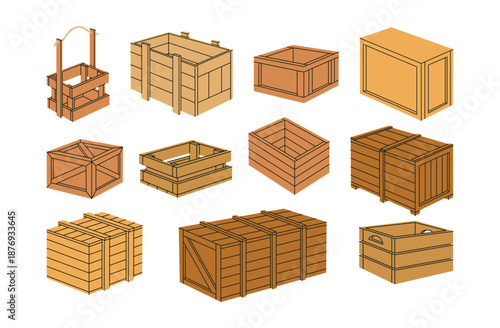Cartoon wooden boxes. Cargo shipping wooden containers, stacked delivery boxes flat vector illustration set. Wood delivery boxes on white