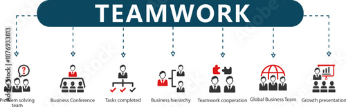 Teamwork Infographic 7 Collaboration and Leadership Icons with Red Accents for Corporate Training, Project Management and Global Team Presentations