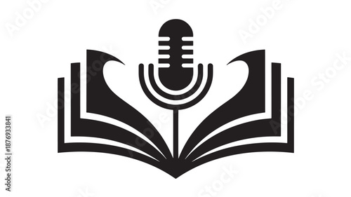 Microphone and open book icon for podcast education and learning, flat vector symbol
