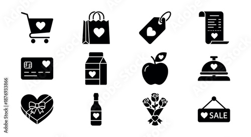 Shopping-themed heart icons set
