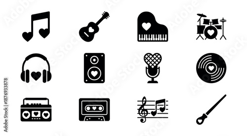 Music love black and white icons set