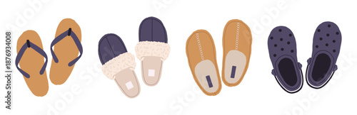 Domestic slippers. Fluffy slippers, flip flops and male and female textile house shoes, home soft and comfy footwear flat vector illustration set. Indoor footwear collection on white