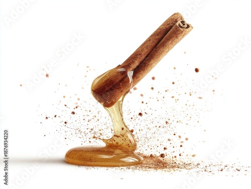 Cinnamon stick dripping with honey on white background  
