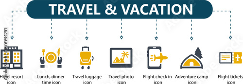 Travel and Vacation Infographic 7 Tourism and Hospitality Icons with Gold Accents for Booking Sites, Resort Marketing and Adventure Guides