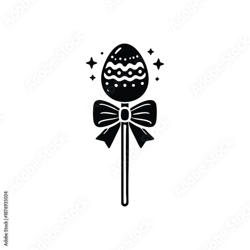 Easter egg on stick with bow black and white vector illustration for spring holiday decoration and greeting cards