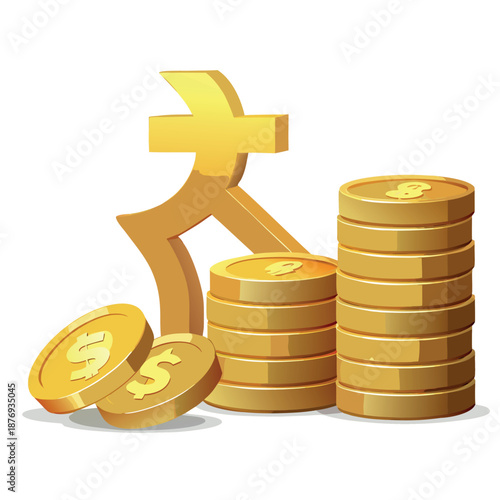 Golden coins stacked in increasing height with an upward arrow, representing financial growth