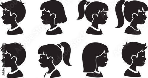 Collection of diverse children's silhouettes in profile view