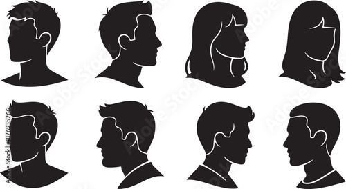 Diverse silhouettes of male and female heads in profile view