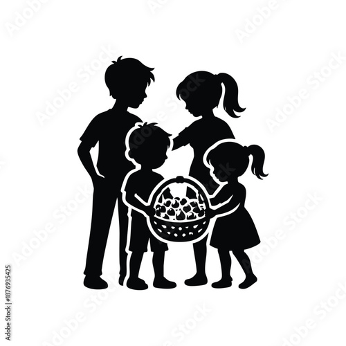 Kids holding Easter egg basket black and white vector silhouette for spring holiday celebration