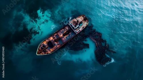 Oil spill. Environment ecosystem pollution disaster. Aerial view of shipwrecked in deep blue ocean with seaweed floating around it.
