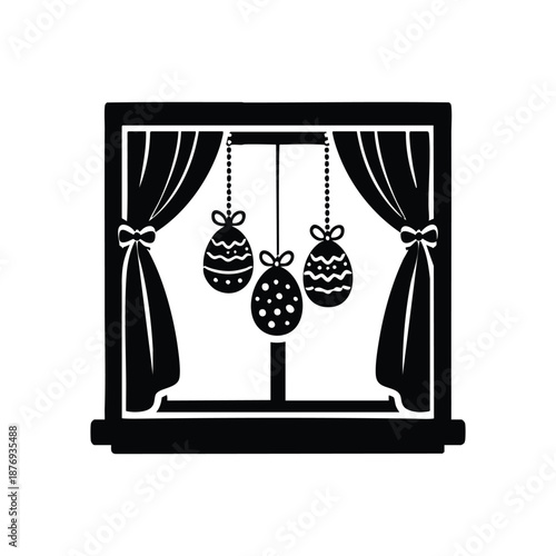 Black and white Easter window decoration with hanging eggs and curtains vector illustration
