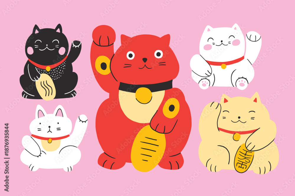 Fototapeta premium Isolated japanese maneki neko cats. Traditional cat or lucky oriental symbols. Good luck, asian symbol of wealth. Cute cartoon modern set. Red, white, black, yellow.