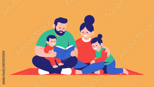Family Reading Together on Orange Blanket.