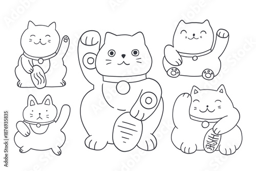 Doodle contour japanese maneki neko cats. Traditional cat or lucky oriental symbols. Good luck, asian symbol of wealth. Cute line sketch modern set. Red, white, black, yellow. Coloring page