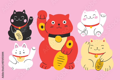 Isolated japanese maneki neko cats. Traditional cat or lucky oriental symbols. Good luck, asian symbol of wealth. Cute cartoon modern set. Red, white, black, yellow.