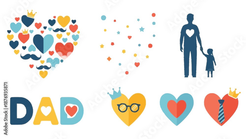 Colorful hearts and silhouettes celebrating fatherhood with the word dad child