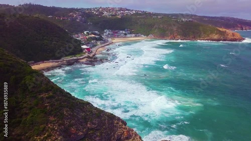 Drone footage fling above coastal cliffs of Herolds bay in South Africa