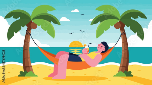 Woman Relaxing on Beach Hammock between Palm Trees.