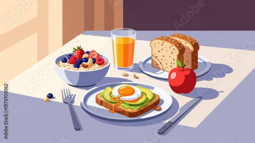 Breakfast Table Setting with Fresh Food Items.