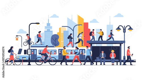 Busy City Street with People Commuting.