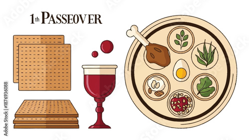 Of Passover Seder Plate with Matzo and Wine Glass red wine