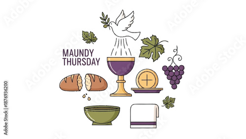 Maundy Thursday religious with bread wine and dove